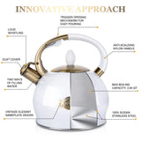 SUSTEAS Stove Top Whistling Tea Kettle - Food Grade Stainless Steel Teakettle Teapot with Cool Touch Ergonomic Handle, With 1 Silicone Pinch Mitt Included, 2.64 Quart(WHITE)