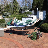 Sunnydaze Rope Hammock with Stand for Outside- 275-Pound Capacity - Includes 12-Foot Hammock Stand, Spreader Bar, Pad, and Pillow - Green & White Stripe