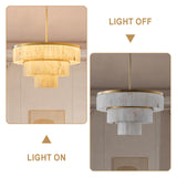 CEENWE D34.3 Round Alabaster Chandelier, 3-Tier Brass Marble High Ceiling Chandeliers, Modern Dining Room Chandeliers Living Room Light for Entryways, Foyer, Stair, Kitchen Gold(Include Bulbs)