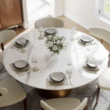 POVISON 60" Sintered Stone Glossy White Round Dining Table Set for 6 With Modern Chairs for Living Room, Kitchen (7 Pieces)