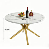 Maotifeys 45'' Round Dining Table White Marble Dining Room Table for 4-6, Circle Faux Marble Kitchen Table with 4 Gold Mirrored Stainless Steel Legs for Dining Room, Bistro, Breakfast (Table Only)