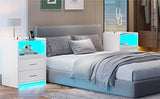 AOGLLATI LED Nightstand Set of 2 with Charging Station, Night Stand with Pull-Out Shelf, 2 Drawers, Bedside Table with LED Lights, Modern End Table with USB Ports Outlets, 2 Pack, White