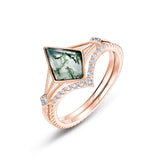 Oseew Natural Moss Agate Ring Set Kite Cut Moss Agate and Lab Diamond Engagement Ring for Women 10K/14K/18K Gold/Sterling Silve Personalized Rose Gold Kite Moss Agate Wedding Ring for Women