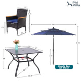 PHI VILLA 5pc Patio Dining Set with Umbrella, Square Table, Rattan Chairs