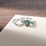 Oseew Natural Moss Agate Ring for Women 2CT Oval Cut 2 Pieces Engagement Ring Set 10K/14K/18K Solid Gold/Sterling Silver Wedding Vintage Leaf Bridal Promise Ring with Gift Box