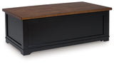 Signature Design by Ashley Wildenauer Lift Top Cocktail Table, Satin Finish Base, 2 Drawers, 2 Storage Bins, Hardwood Solids, 52" W x 28" D x 19" H, Light Brown & Black