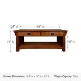 Leick Home Mission Impeccable Coffee Table, Solid Wood with 2 Drawers & Shelf, Medium Oak Finish, Blackened Hardware, Slatted Sides, Easy Assembly, 48 in W x 24 in D x 19 in H, 8204