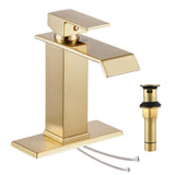KUZOR Gold Waterfall Bathroom Sink Faucet, Brushed Gold Finish, Single Handle, 1 or 3 Hole Installation, Metal Pop Up Drain, 23.6-inch Hoses, 3/8 Inch Compression Threads