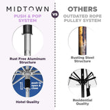 Midtown Umbrellas Push & Pop 10 Ft Patio Umbrellas with Push & Pop Mechanism, 8 Fiberglass Ribs & Terylast Polyester Fabric – For Deck, Pool, Cafés and Hotels – Navy Canopy, Silver Pole