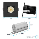 LUXRITE 4 Inch Recessed Light, Regressed Canless LED Spotlight, 5CCT 2700K-5000K, CRI90, 22W, 1700 Lumens High Output, 60º Wide Flood, Square Black Trim, Dual Dimmable, IC & Wet Rated (4 Pack)