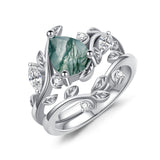 Oseew 2pcs Natural Moss Agate Ring set For womens 10k 14k 18k gold/Sterling Silver (White gold)
