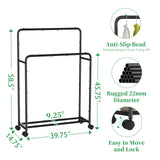 Simple Trending Clothing Clothes Rack Double Rods with Wheels, Rolling Metal Garment Rack for Hanging, Black