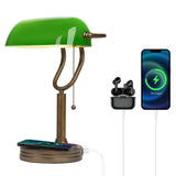 JCPYIUL Green Glass Bankers Lamp, Retro Desk Lamp with USB Wireless Charging Port, Classic Pull Chain Switch Table lamp, for Home Office nightstand Bedside Study Desk Library