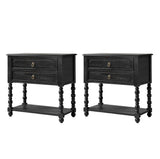 HULALA HOME Farmhouse Storage End Table Set of 2 with 2 Drawers and Open Shelf, Solid Wood Side Table with Spindle Legs, End Table with Charging Station (Charcoal)