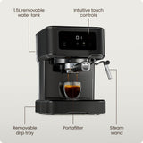 Chefman CraftBrew Espresso Machine, 15-Bar Pump Digital Espresso Maker w/Steam Wand for Latte & Cappuccino, Compact Espresso Coffee Machine w/ 1.5L Removable Water Reservoir - Stainless Black