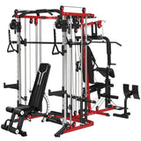 FAGUS H All in One Home Gym System Workout Station with Adjustable Weight Bench,Multi-Function Smithe Machine Power Cage with Cable Crossover,Tripe-Sided Independent Load Posts Functional Trainer, Red