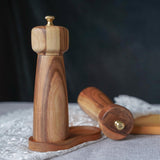 DeroTeno Salt and Pepper Mill Set with Tray, Adjustable Ceramic Grinder Salt Mill, Stainless Steel Grinder Pepper Mill, Acacia Wood, 20.5 cm/ 8 Inch Height, Bottom Dia 6 cm /2.36 inch