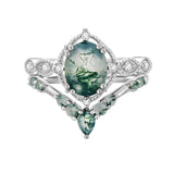 Oseew Natural Moss Agate Ring for Women 2CT Oval Cut 2 Pieces Engagement Ring Set 10K/14K/18K Solid Gold/Sterling Silve Personalized Wedding Leaf Vintage Bridal Promise Ring for Women