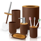 Bathroom Accessory Set, 6 Pcs Bathroom Essential Includes Toothbrush Holder, Toilet Brush with Soap Dispenser, Toothbrush Cup, Soap Dish, Trash Can (Brown, Bamboo)