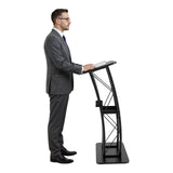 Black Curved Podium, 23.8 x 15.9 x 47 Inch Podium Stand Portable Church Pulpit Metal Black Lectern
