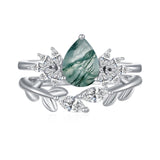 1.5 ct Moss Agate Engagement Ring Set Teardrop shape Moss Agate Wedding Ring Set Gold For Valentines day Chirstomas (white gold)