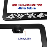 BGGTMO Mountains License Plate Frame- Black Aluminum Car Tag Cover Holder with Stainless Steel Screws Caps, Snow Mountain Tree Decal Sticker, 1 Pack 2 Hole