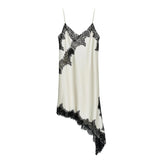 Women's Satin Lace Dress Asymmetric Cocktail Mini Dress Layering Essentials Elegant Dresses Date Night Outfits (White-Black,S)