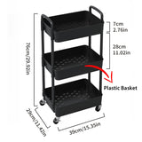 Sywhitta 3-Tier Plastic Rolling Utility Cart with Handle, Multi-Functional Storage Trolley for Office, Living Room, Kitchen, Movable Storage Organizer with Wheels, Black