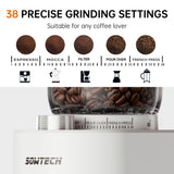 SOWTECH Conical Burr Coffee Grinder, Adjustable Electric Mill, 38 Precise Grind Settings, Precision Timer, for Espresso, Drip and French Press, Home &Office, Black