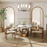 POVISON Round Dining Table Set, 59" Dining Table with 6 Chairs, Matte White Sintered Stone Table with Bronze Carbon Steel Base