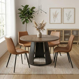 HIPIHOM 47.2” Round Dining Table Set for 4 Modern Wood Table with 4 Upholstered Leather Chairs, Metal Pedestal Base, Space-Saving Kitchen & Dining Furniture for Small Apartments and Compact Spaces