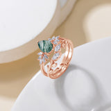 Moss Agate Engagement Ring set Engraving Text Moss Agate Wedding Ring Set Gold For birthday Promise ring Chirstomas (Rose gold)