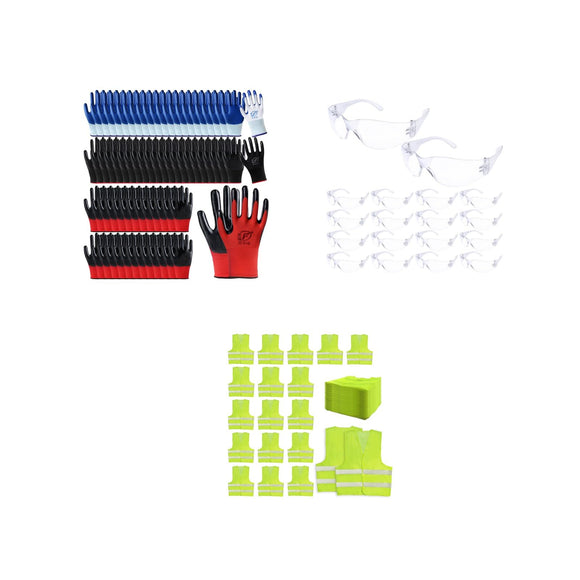 90 Pairs Gardening Gloves and 100 Pairs Protective Safety Glasses and 36 Pack High Visibility Safety Vest