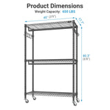 VIPEK R2 Plus Heavy Duty Rolling Garment Rack 3 Tiers Adjustable Wire Shelving Clothes Rack with Double Rods and Side Hooks, Freestanding Wardrobe Storage Rack Metal Clothing Rack, Black