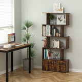 DDYYDS 5-Tier Bookshelf with Doors Wooden Geometric Bookcase S-Shaped Display Shelf with Cabinet Rustic Brown