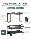 Nfnoyp Dish Drying Rack, 2 Tier Space-Saving Dish Rack, Multifunctional Dish Drainer for Kitchen Counter with Drainboard/Utensil/Cup Holder Rustproof Carbon Steel, Black