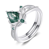 Oseew Natural Moss Agate Ring for Women 2CT Kite Cut 2 Pieces Engagement Ring Set 10K/14K/18K Solid Gold/Sterling Silve Personalized Wedding Leaf Vintage Bridal Promise Ring for Women (Style 3