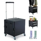 Folding Utility Cart Portable Rolling Crate Handcart Shopping Trolley Collapsible Tool Box, with Lid, on Rotate Wheels (Black)