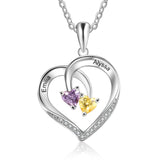 Oseew Personalized 2 Heart Birthstone Necklace for Women 10K 14K 18K Solid Gold Engraved Name Birthstone Necklace Birthday Christmas Mother's Day Jewelry Gifts for Her