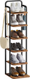 Hzuaneri 6 Tiers Vertical Shoe Rack, Narrow Shoe Tower, Tall Shoes Shelf with 2 Hooks, Adjustable Shelves, Corner Shoes Shelves for Small Spaces, Entryway, Living Room, Rustic Brown SR04201B