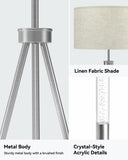 JOOFO Tripod Floor Lamp with Fabric Shade, Crystal-Style Acrylic & Metal Pole Design, Stepless Dimmable Standing Floor Lamp with Remote Control, Mid-Century Style for Living Room Bedroom,Satin Nickel