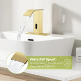 ZHIXINGKX Touchless Bathroom Faucet with Waterfall Spout,Motion Automatic Sensor Bathroom Sink Faucet with Hole Cover Plate, Stainless Steel Hands Free Vanity Faucet(Regular, Gold)