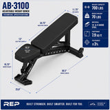 REP AB-3100 Adjustable Weight Bench | Matte Black FID Design | Foldable Fitness Platform for Home Gym | Flat Incline Decline Workout and Strength Training Bench