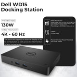 Dell WD15 130W Monitor Dock 4K USB-C - Dell Docking Station for Laptops with 130W AC Adapter