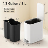 TIPGO Small Bathroom Trash Can with Lid Soft Close, Step Pedal, 1.3 Gallon / 5 Liter Stainless Steel Slim Garbage Can for Office, Diaper Waste Basket with Removable Inner Bucket (White)