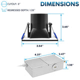 LUXRITE 3 Inch Square LED Recessed Ceiling Light with J-Box, CRI90, 8W, 5CCT Selectable 2700K-5000K, 530 Lumens, Dimmable Canless Downlight, Wet Rated, IC Rated, ETL Listed, Black Trim (12 Pack)