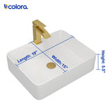 Dcolora 19 In. White Vessel Sink for Bathroom, Rectangular Above Counter Porcelain Ceramic Sink with Gold Accessories, 15"D x 19"W x 5"H #DC-SFDOE00087