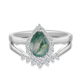 925 Sterling SilverNatural Moss Agate Engagement Ring Set 1.25ct Green Stone 18k gold Pear Cut Natural Moss Agate Ring Set for Women 10k gold Natural Moss Agate Ring Set