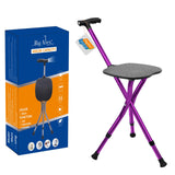 BigAlex Alloy Folding Cane with Seat, Lightweight Adjustable Walking Cane with Seat, Cane Seat with LED for Woman/Man, Comfortable Handle and 3 Non-Slip Legs, Walking Stick for Seniors,Purple