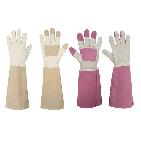 2 Pairs: Rose Pruning Long Gardening Gloves, Thorn Proof Gauntlet Pigskin Leather Gloves - Beige, Pink, Small